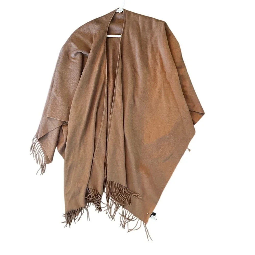 Portolano Camel Tan 100% Lambswool Fringe Trim Shawl Wrap